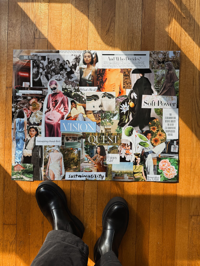 An image of a woman wearing black boots, a vision board on a wooden floor